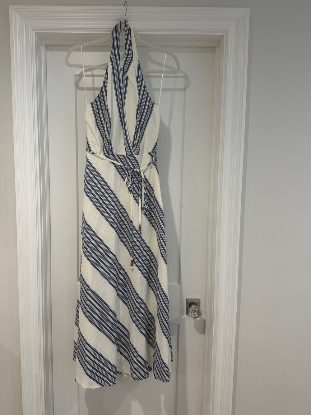 1. State White and Navy Halter Shoulder Striped Maxi Dress